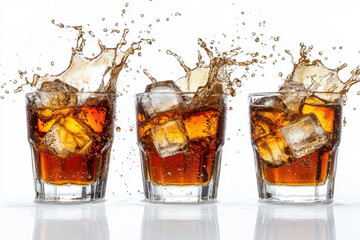 Three glasses of cola with splashing ice.