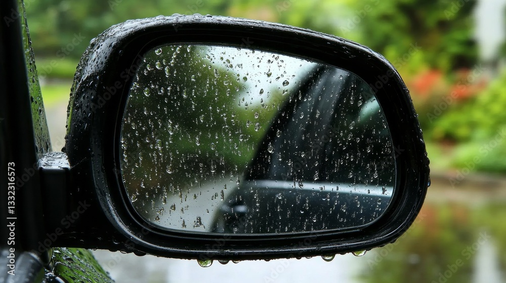 Poster raindrops cling to the surface of a car's side mirror, reflecting the lush greenery and blurred outl