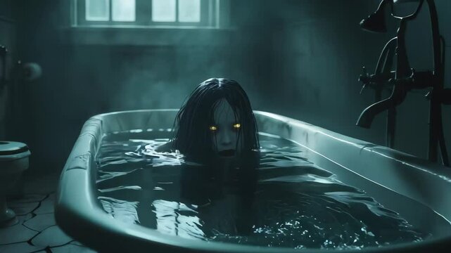 Scene of woman ghost in bathroom that suddenly appears in high Quality 4K footage video motion backgrounds