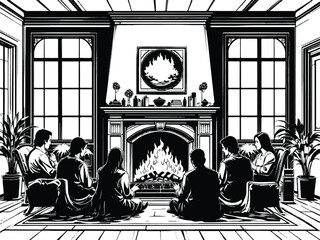 Fototapeta premium People by fireplace vector linear