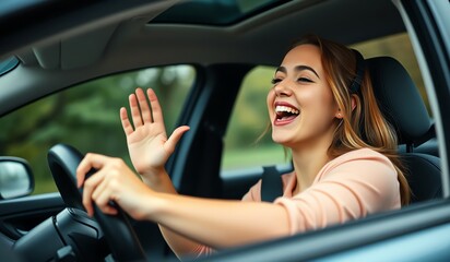 Naklejka premium Happy Young Woman Driving Car and Waving with a Smile