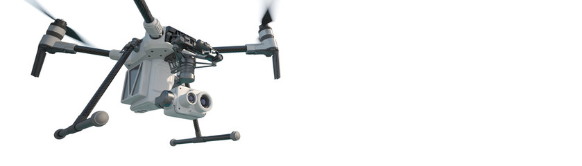 Trendy aerial drone with a 4K camera isolated white background. Copy space. Banner template. 3d illustration.