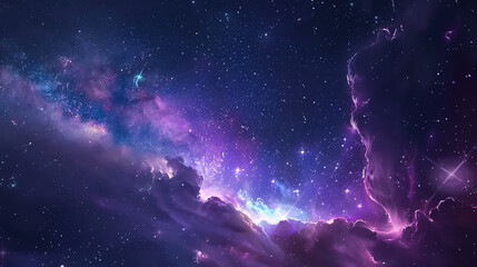 Fototapeta premium Night starry sky and bright purple-blue galaxy, horizontal background banner.
