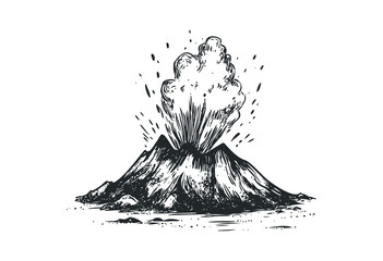 Vintage illustration of an active volcano eruption with smoke and ash clouds. Vector retro hand drawn illustration