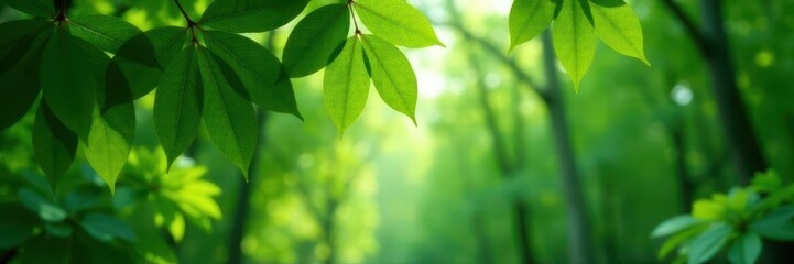 Soft, unfocused green canopy, indistinct shapes, soft focus, dreamy