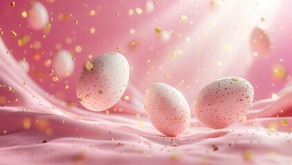 Fototapeta premium Pretty pastel pink eggs decorated with gold glitter falling on pink silk. Festive spring image.