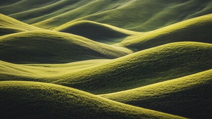 A green, grassy field with layers of undulating waves, creating an abstract and organic patterned texture. The undulating landscape is captured from above in a panoramic view, showcasing the natural b