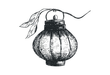 Hand-drawn chinese lantern with leaf detail in line art style. Vector retro hand drawn illustration