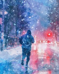 Fototapeta premium Winter jogger in snowy urban scene captured in watercolor art