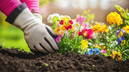 A person wearing gardening gloves is planting colorful flowers in the dirt, with copy space for text on an isolated background. This is a springtime garden scene with a variety of blooming flowers and