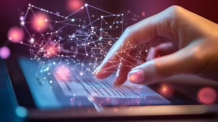 A hand touching digital screen with glowing network connections