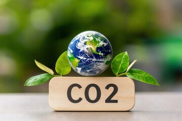 Green technology and carbon footprint reduction. Small globe atop a block labeled CO2, surrounded by green leaves, symbolizing environmental awareness.