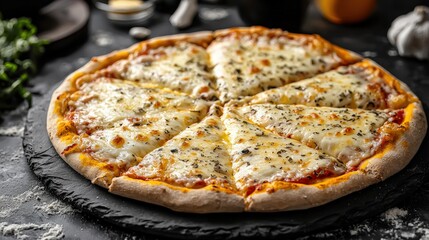 A mouthwatering four cheese pizza with melted cheese and rich tomato sauce served hot for an italian feast