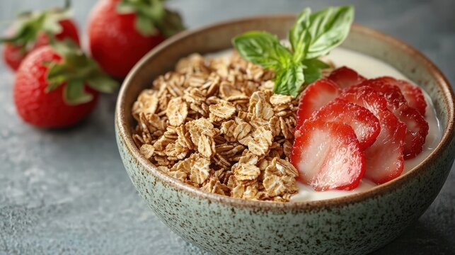 Bowl of grano de galloa granola with creamy yogurt and fresh fruits for a balanced and delicious breakfast