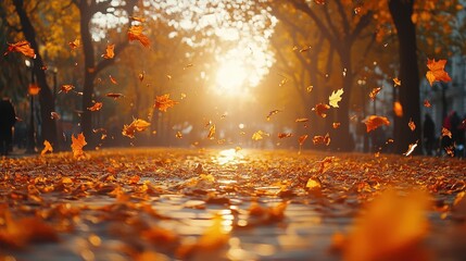 Autumn leaves falling, park path sunset. Background people, nature wallpaper
