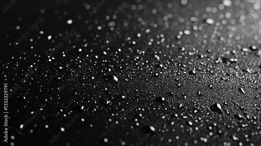 Aufkleber Tiny droplets scatter across a smooth, dark surface, glimmering as they catch the light. This mesmerizing display follows a heavy rainfall, creating an artistic atmosphere