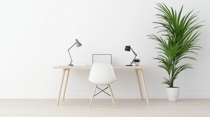 Modern minimalist workspace with elegant desk, stylish chairs, dual desk lamps, and lush green plant for productive home office vibes