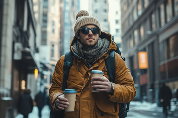 Fototapeta premium Man in yellow jacket and scarf holding coffee cup, frowning at his phone screen in city park filled with fallen autumn leaves.
