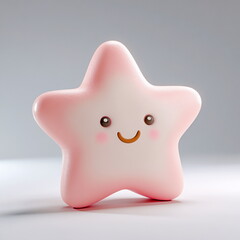 Cute pink star-shaped toy with a smiling face resting on a soft surface in a minimalistic setting