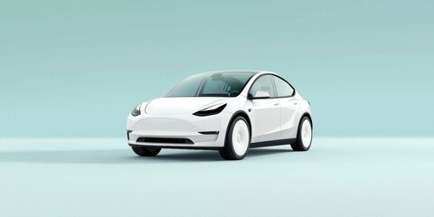 Fototapeta premium Green technology and carbon footprint reduction. Sleek white electric car on a minimalist background.