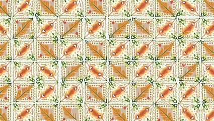 Naklejka premium Intricate Hand-Painted Leaf Tile Pattern: Rich Textures for Artisanal Home Decor
