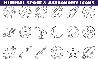 Minimalist Space and Astronomy Icons Planets, Rockets, Stars