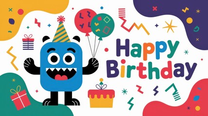 Naklejka premium Colorful birthday card design with a cute cartoon monster holding balloons, festive decorations, and the text Happy Birthday