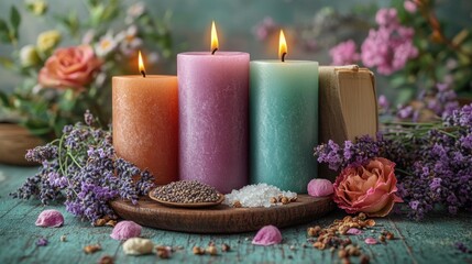 Serene ambiance with vibrant candles, natural elements, and romantic floral touches creates an inviting atmosphere