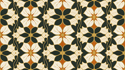 Fototapeta premium Geometric Floral Shapes with Gold Accents: Luxurious Art Deco Seamless Tile Pattern Featuring Flat Wildflowers for Elegant Interior Design in a Smart Business Aesthetic