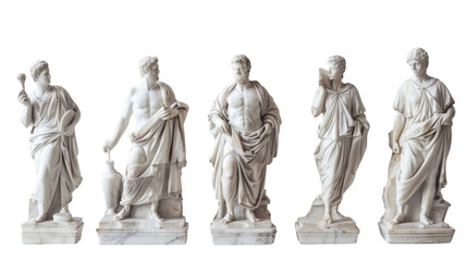 Five ancient roman marble statues posing on transparent background