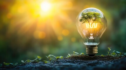 Green energy concept with a light bulb and a tree on a blurred background, representing the theme of sustainable development success.