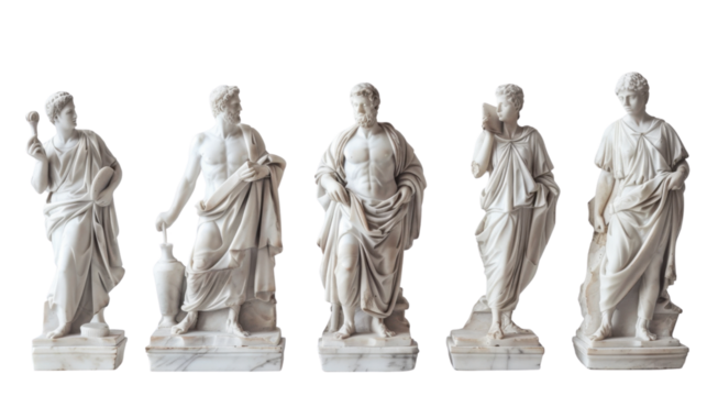Five ancient roman marble statues posing on transparent background