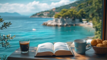Obraz premium Serenity in a cafe overlooking the Mediterranean Sea with an open book and a warm cup of coffee on a sunlit table