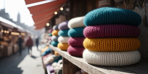 Obraz premium Colorful knitted hats stacked on a market stall with blurred background of shoppers