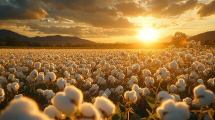 Obraz premium Vibrant cotton fields in India during golden hour create a breathtaking landscape filled with warmth and natural beauty
