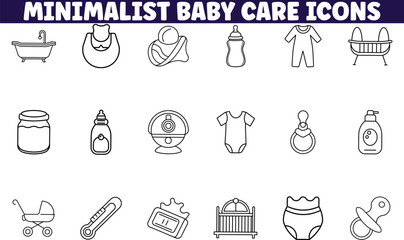 Fototapeta premium Minimalist Baby Care Icons Bath, Feeding, Sleep, Clothing, Safety
