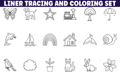 Liner Tracing Coloring Set Animals, Nature, and Objects
