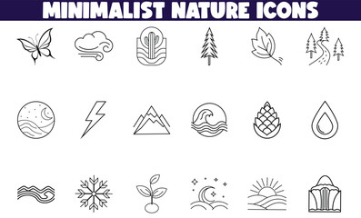 Minimalist Nature Icons Line Art, Plants, Weather, Landscape Symbols