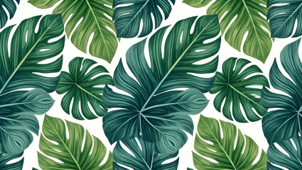 Oversized Foliage and Vibrant Greens: Tropical Leaf Seamless Tile Pattern for Lush, Lively Interiors - Perfect Photo Stock Concept with Ample Empty Space on the Left Side