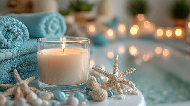 Relaxing ocean-themed bathroom setting featuring a close-up of a scented candle and beautiful coastal decorations
