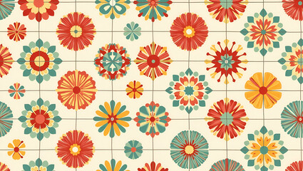 Vintage Flowers and Bold Colors: A Retro Seamless Tile Pattern for Nostalgic Interiors in Simple Flat Cute Vector Illustration Style