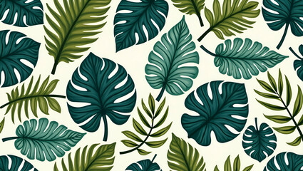 Oversized Foliage and Vibrant Greens: Tropical Leaf Seamless Tile Pattern for Lush, Lively Interiors - Perfect Photo Stock Concept with Ample Empty Space on the Left Side