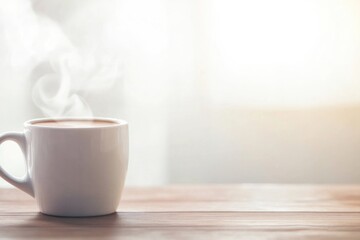 Fototapeta premium close-up image of steaming cup of coffee on wooden table capturing richness of its aroma
