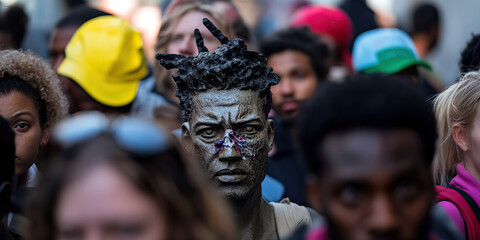 Obraz premium Sculpted Bust Amidst a Crowd of Diverse Individuals