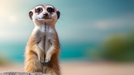 Cute little animal with a big smile on its face. It is a meerkat. The meerkat is standing on a rock and looking at the camera