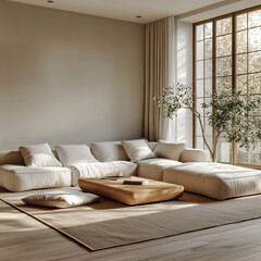 Beige living room in minimalist style with big sofa.
