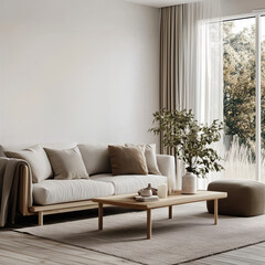 Beige living room in minimalist Scandinavian style.