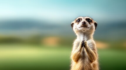 Fototapeta premium Small animal with a long snout is standing in a field. The animal is looking up and he is praying