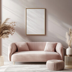 Frame mockup with stylish pink soft sofa and pouf