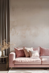 Interior with beautiful pink velvet sofa and gold decor